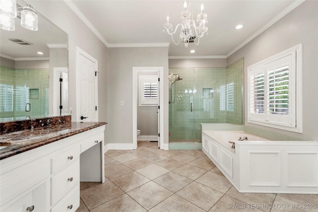 10150 S Maplewood Ave, Tulsa, OK 74137 - full bath with plenty of natural light, vanity, a stall shower, tile patterned floors, and crown molding