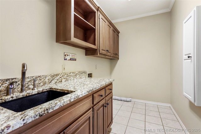 10150 S Maplewood Ave, Tulsa, OK 74137 - kitchen featuring crown molding, open shelves, light stone countertops, and light tile patterned flooring