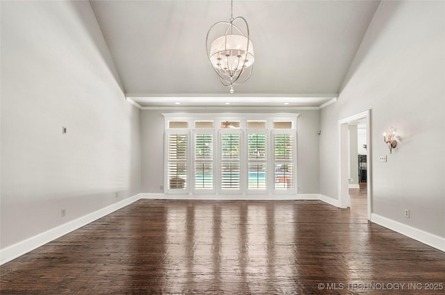 10150 S Maplewood Ave, Tulsa, OK 74137 - unfurnished room with a chandelier, wood finished floors, ornamental molding, vaulted ceiling, and recessed lighting