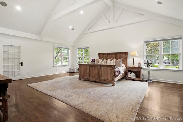 1111 E 24th Pl, Tulsa, OK 74114 - bedroom featuring high vaulted ceiling, beam ceiling, dark wood-style flooring, and recessed lighting