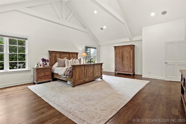 1111 E 24th Pl, Tulsa, OK 74114 - bedroom with high vaulted ceiling, dark wood-style flooring, beamed ceiling, and recessed lighting