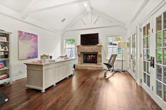 1111 E 24th Pl, Tulsa, OK 74114 - office area with french doors, dark wood-style flooring, and a premium fireplace