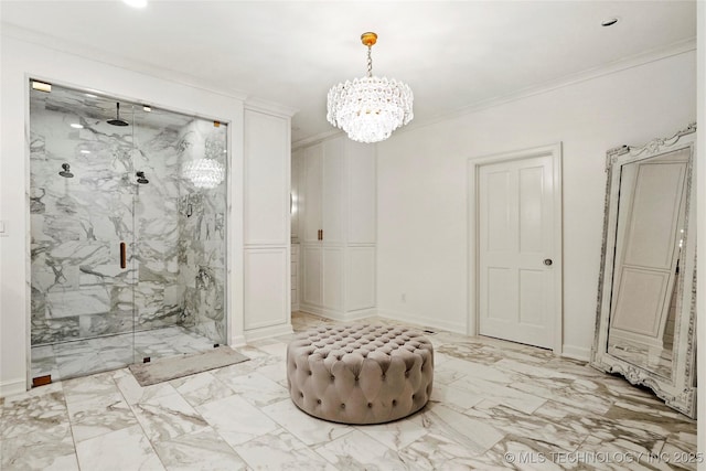 1111 E 24th Pl, Tulsa, OK 74114 - full bathroom featuring a marble finish shower, a chandelier, marble finish floors, crown molding, and a decorative wall