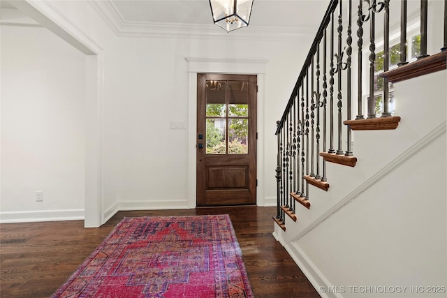 1111 E 24th Pl, Tulsa, OK 74114 - foyer with stairs, wood finished floors, crown molding, and a chandelier