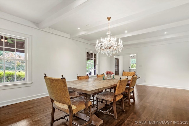 1111 E 24th Pl, Tulsa, OK 74114 - dining area with beam ceiling, a chandelier, dark wood finished floors, and recessed lighting