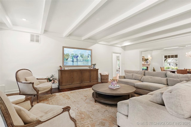 1111 E 24th Pl, Tulsa, OK 74114 - living room featuring beam ceiling, wood finished floors, a chandelier, and recessed lighting
