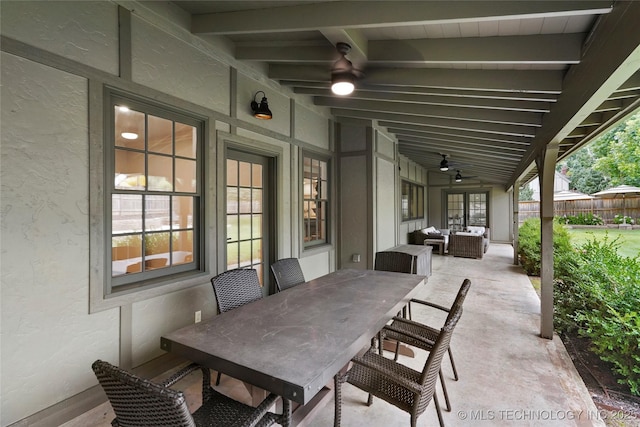 1111 E 24th Pl, Tulsa, OK 74114 - view of patio / terrace with ceiling fan, outdoor dining space, and an outdoor living space