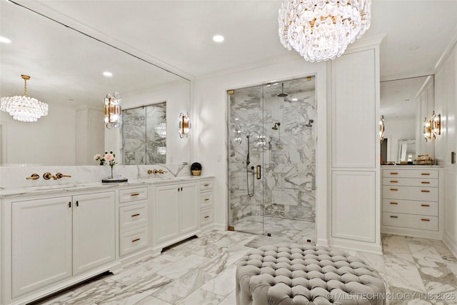 1111 E 24th Pl, Tulsa, OK 74114 - bathroom featuring a chandelier, marble look tile flooring, a marble finish shower, vanity, and recessed lighting