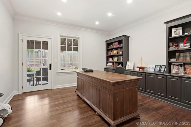 1111 E 24th Pl, Tulsa, OK 74114 - office featuring crown molding, dark wood-style flooring, and recessed lighting