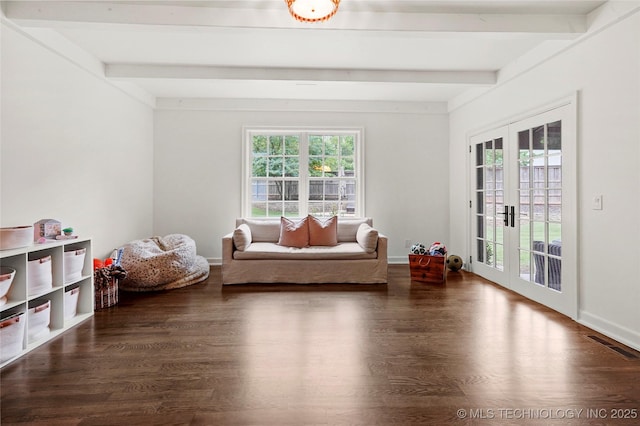 1111 E 24th Pl, Tulsa, OK 74114 - living area with wood finished floors, beamed ceiling, and french doors