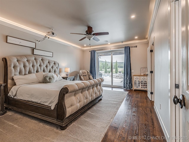20853 S 81st Ave W, Mounds, OK 74047 - bedroom with access to exterior, ornamental molding, wood-type flooring, recessed lighting, and a ceiling fan