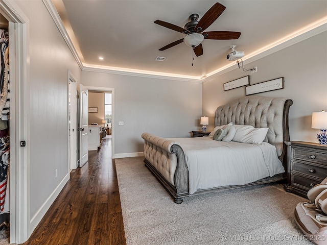 20853 S 81st Ave W, Mounds, OK 74047 - bedroom with crown molding, dark wood finished floors, and a ceiling fan