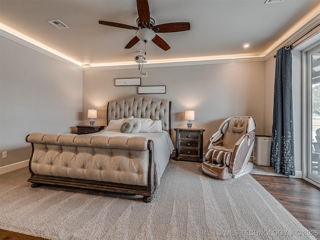 20853 S 81st Ave W, Mounds, OK 74047 - bedroom featuring a ceiling fan, crown molding, wood finished floors, and access to exterior