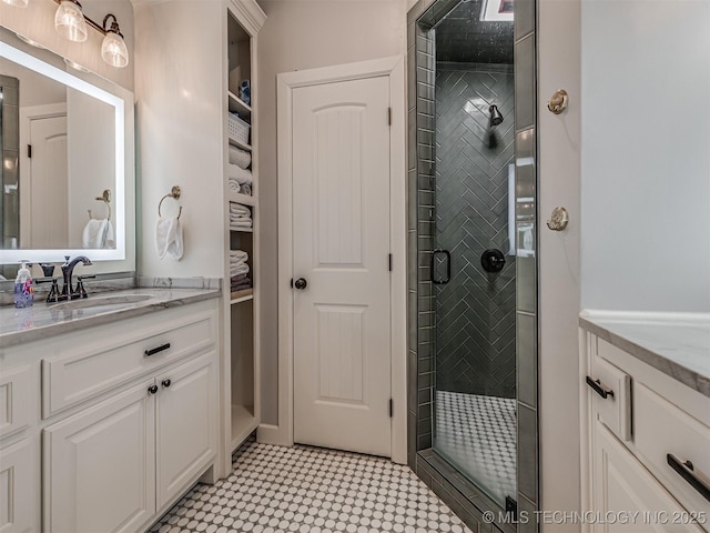 20853 S 81st Ave W, Mounds, OK 74047 - full bathroom with vanity, a shower stall, and tile patterned floors