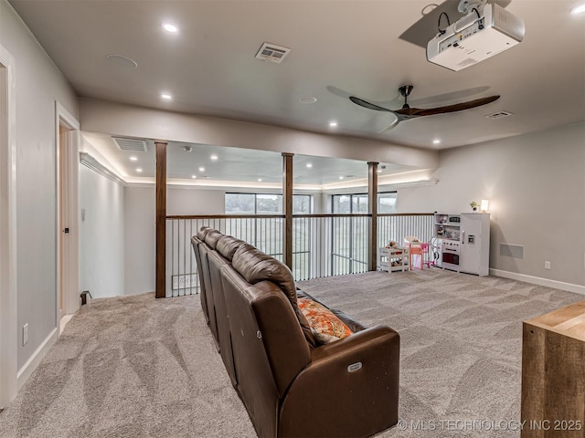 20853 S 81st Ave W, Mounds, OK 74047 - living area with carpet flooring, a ceiling fan, decorative columns, and recessed lighting