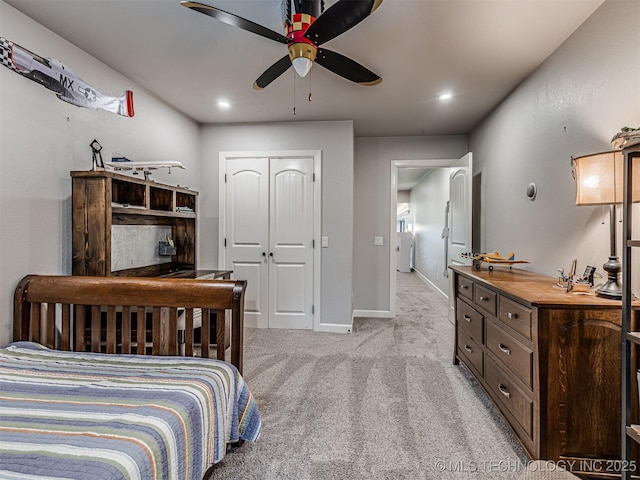 20853 S 81st Ave W, Mounds, OK 74047 - bedroom featuring light colored carpet, recessed lighting, a closet, and a ceiling fan