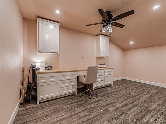 20853 S 81st Ave W, Mounds, OK 74047 - office area featuring built in study area, dark wood-style floors, a ceiling fan, and recessed lighting