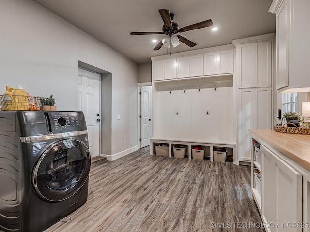 20853 S 81st Ave W, Mounds, OK 74047 - laundry room with washer / dryer, wood finished floors, ceiling fan, and recessed lighting