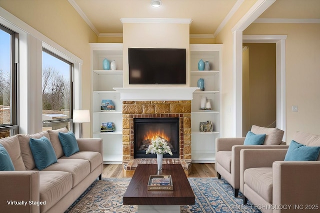 16511 S 4230th Rd, Claremore, OK 74017 - living room featuring crown molding, a stone fireplace, and wood finished floors