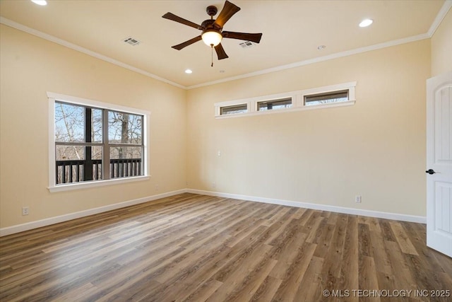 16511 S 4230th Rd, Claremore, OK 74017 - unfurnished room featuring wood finished floors, ceiling fan, ornamental molding, and recessed lighting