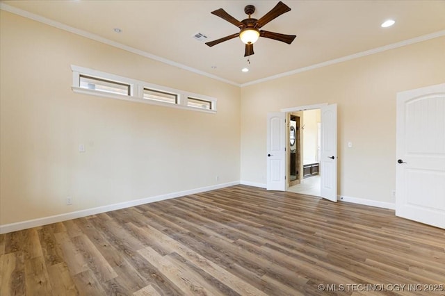 16511 S 4230th Rd, Claremore, OK 74017 - unfurnished room featuring ceiling fan, crown molding, wood finished floors, recessed lighting, and plenty of natural light
