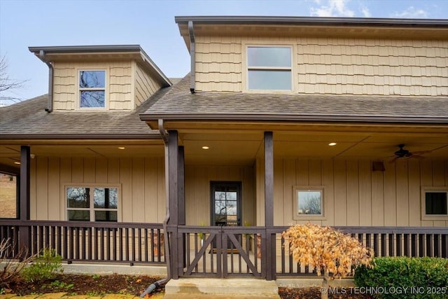 16511 S 4230th Rd, Claremore, OK 74017 - view of front facade featuring covered porch, a shingled roof, and ceiling fan