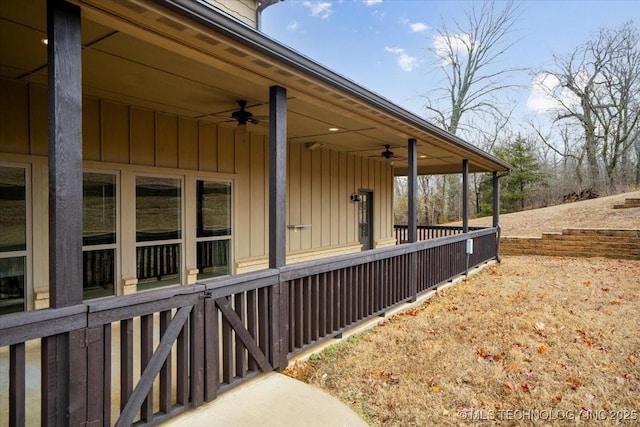 16511 S 4230th Rd, Claremore, OK 74017 - view of home's exterior featuring ceiling fan and board and batten siding