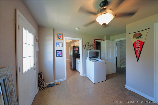 919 S 2nd St, Mcalester, OK 74501 - kitchen featuring freestanding refrigerator, washer / clothes dryer, and ceiling fan