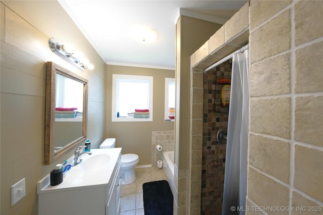 919 S 2nd St, Mcalester, OK 74501 - full bath with tile patterned floors, vanity, crown molding, tiled shower, and a tub to relax in
