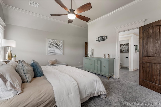 7180 E 179th St S, Bixby, OK 74008 - carpeted bedroom featuring ornamental molding, a ceiling fan, lofted ceiling, and tile patterned floors