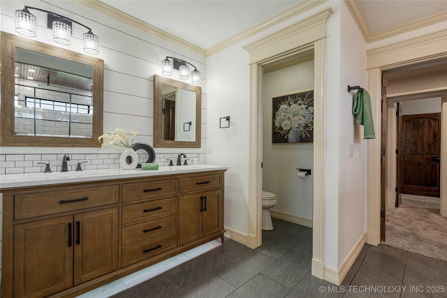 7180 E 179th St S, Bixby, OK 74008 - full bath with backsplash, double vanity, crown molding, and tile patterned floors