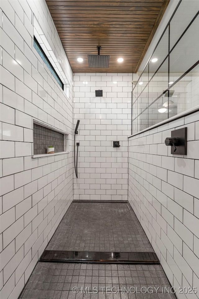 7180 E 179th St S, Bixby, OK 74008 - bathroom with wooden ceiling, a tile shower, and recessed lighting