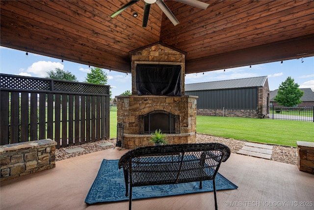 7180 E 179th St S, Bixby, OK 74008 - view of patio featuring a ceiling fan and an outdoor living space with a fireplace