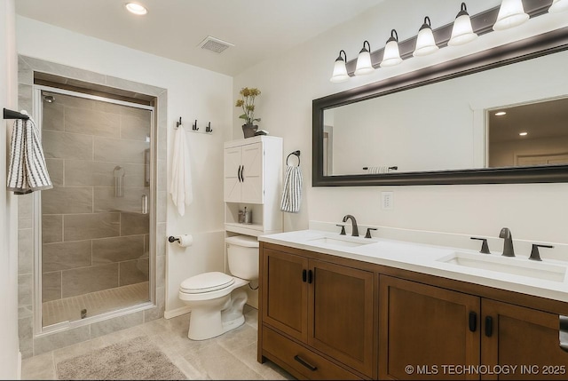 416602 E 1065, Checotah, OK 74426 - full bath with double vanity, a shower stall, recessed lighting, and tile patterned floors