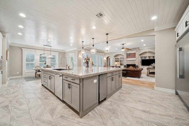 6140 E 140th St S, Bixby, OK 74008 - kitchen featuring gray cabinetry, a ceiling fan, ornamental molding, light marble finish flooring, and open floor plan