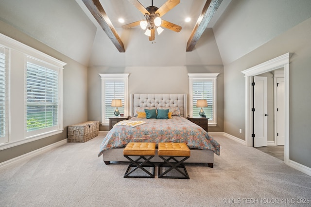 6140 E 140th St S, Bixby, OK 74008 - bedroom with carpet floors, beamed ceiling, high vaulted ceiling, multiple windows, and recessed lighting