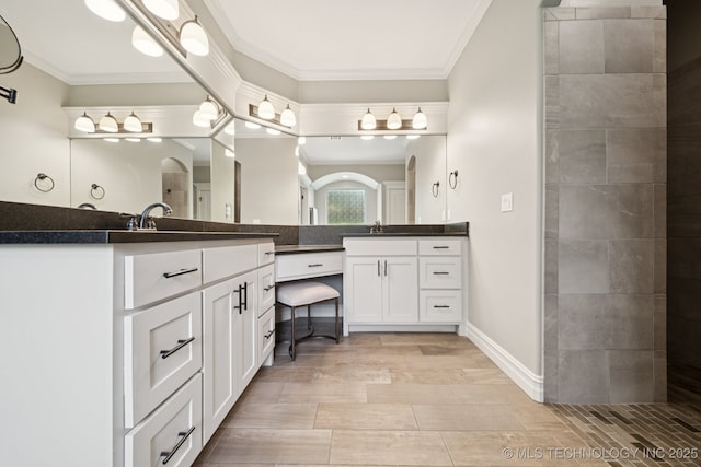 6140 E 140th St S, Bixby, OK 74008 - full bath with vanity, ornamental molding, and wood finished floors