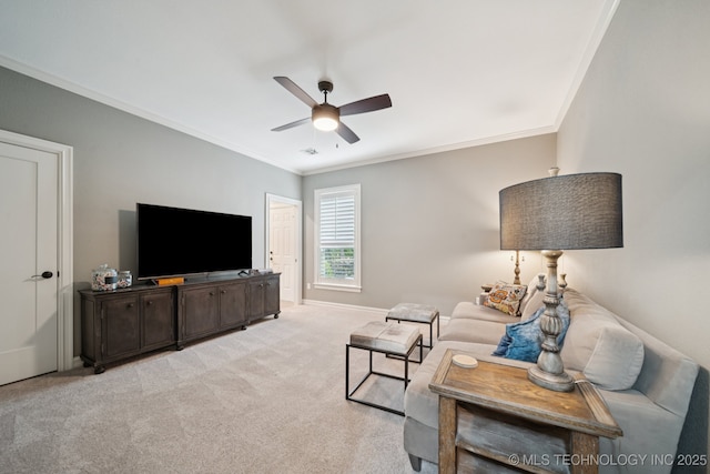 6140 E 140th St S, Bixby, OK 74008 - living room with crown molding, ceiling fan, and light colored carpet
