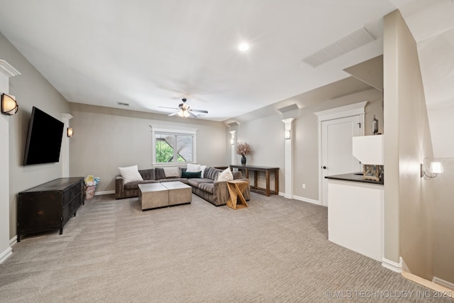 6140 E 140th St S, Bixby, OK 74008 - living room featuring ceiling fan and light carpet