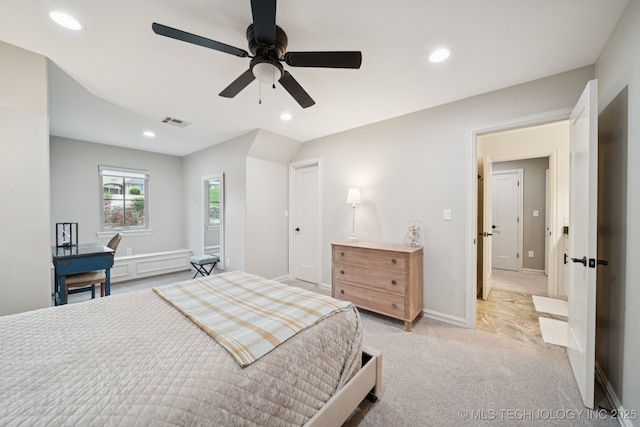 6140 E 140th St S, Bixby, OK 74008 - bedroom featuring light carpet, recessed lighting, and a ceiling fan
