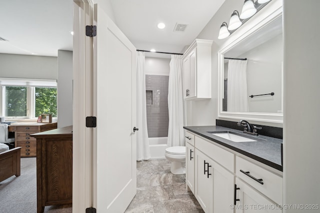 6140 E 140th St S, Bixby, OK 74008 - full bathroom with vanity, shower / bathtub combination with curtain, and recessed lighting