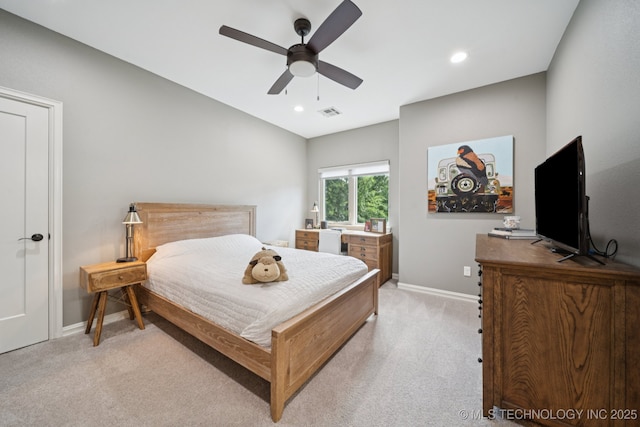 6140 E 140th St S, Bixby, OK 74008 - bedroom with light carpet, recessed lighting, and ceiling fan