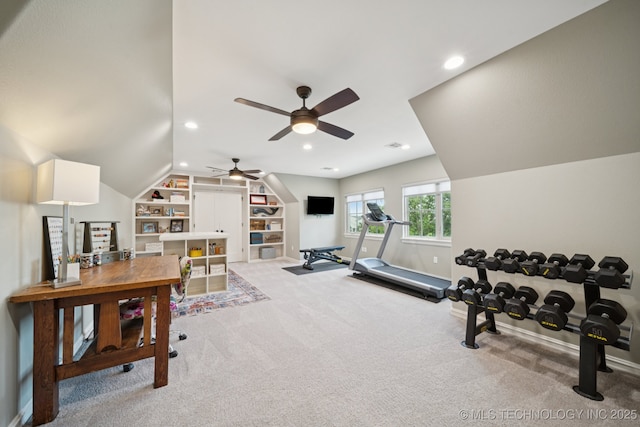 6140 E 140th St S, Bixby, OK 74008 - workout area featuring built in shelves, ceiling fan, recessed lighting, carpet, and lofted ceiling
