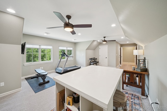 6140 E 140th St S, Bixby, OK 74008 - office featuring a ceiling fan, light colored carpet, recessed lighting, and vaulted ceiling