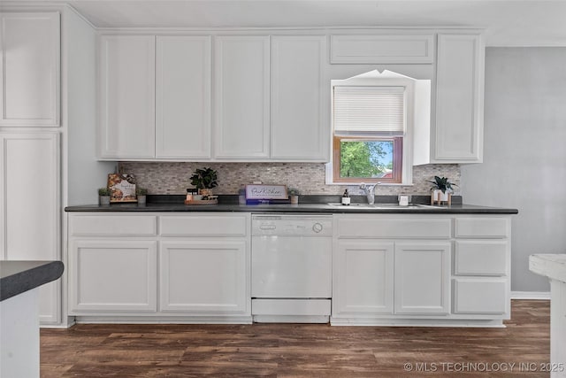 1809 Robison, Ardmore, OK 73401 - kitchen with white dishwasher, backsplash, white cabinetry, and dark countertops