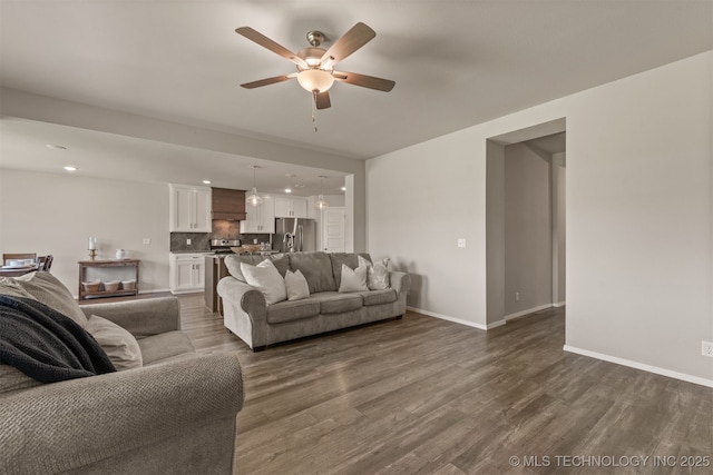 13009 E 124th Ct, Collinsville, OK 74021 - living area with a ceiling fan, dark wood-type flooring, and recessed lighting