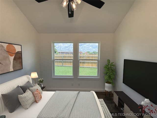 8940 E 161st Pl S, Bixby, OK 74008 - bedroom featuring vaulted ceiling, wood finished floors, and ceiling fan