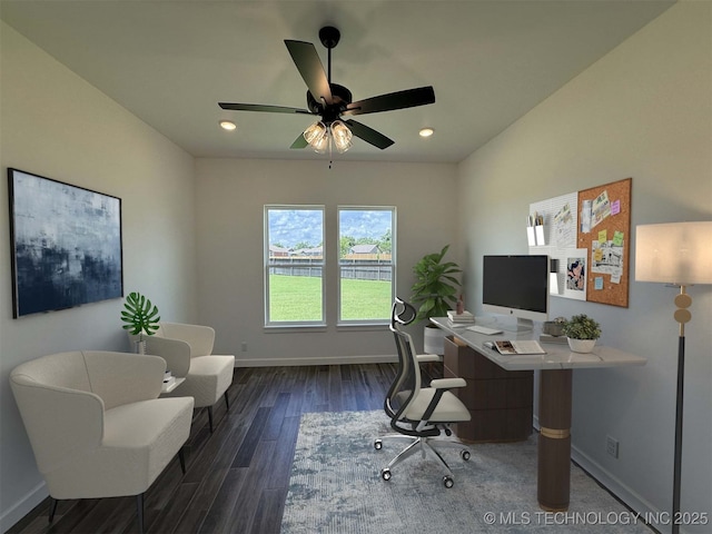 8940 E 161st Pl S, Bixby, OK 74008 - office area featuring dark wood-type flooring, a ceiling fan, and recessed lighting