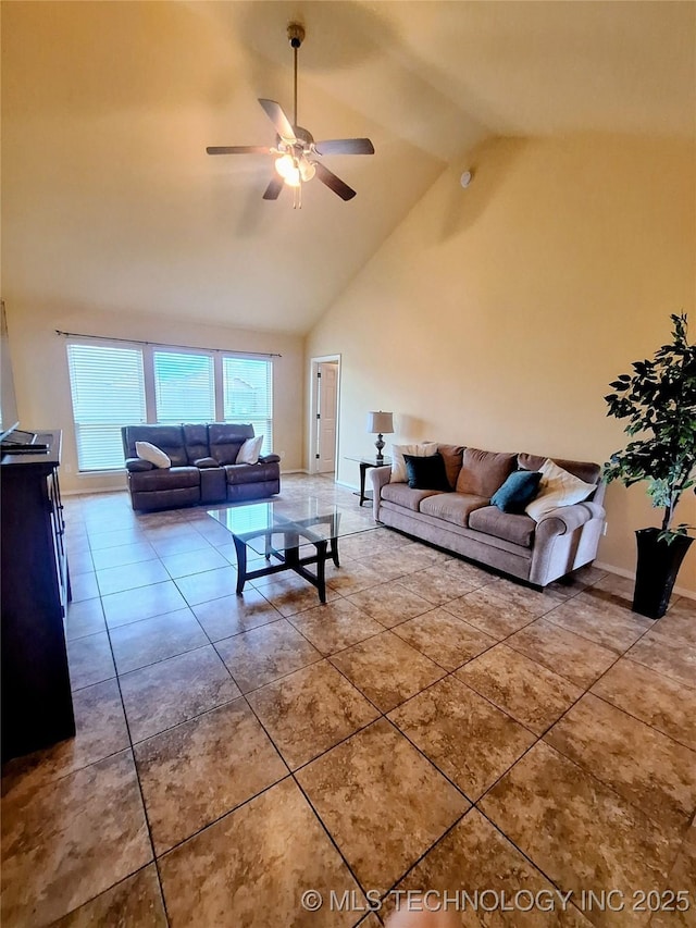 18328 E 42nd St, Tulsa, OK 74134 - tiled living area featuring high vaulted ceiling and ceiling fan