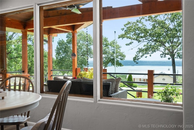96164 S Strayhorn Heights Rd, Gore, OK 74435 - sunroom / solarium featuring a water view, ceiling fan, and healthy amount of natural light